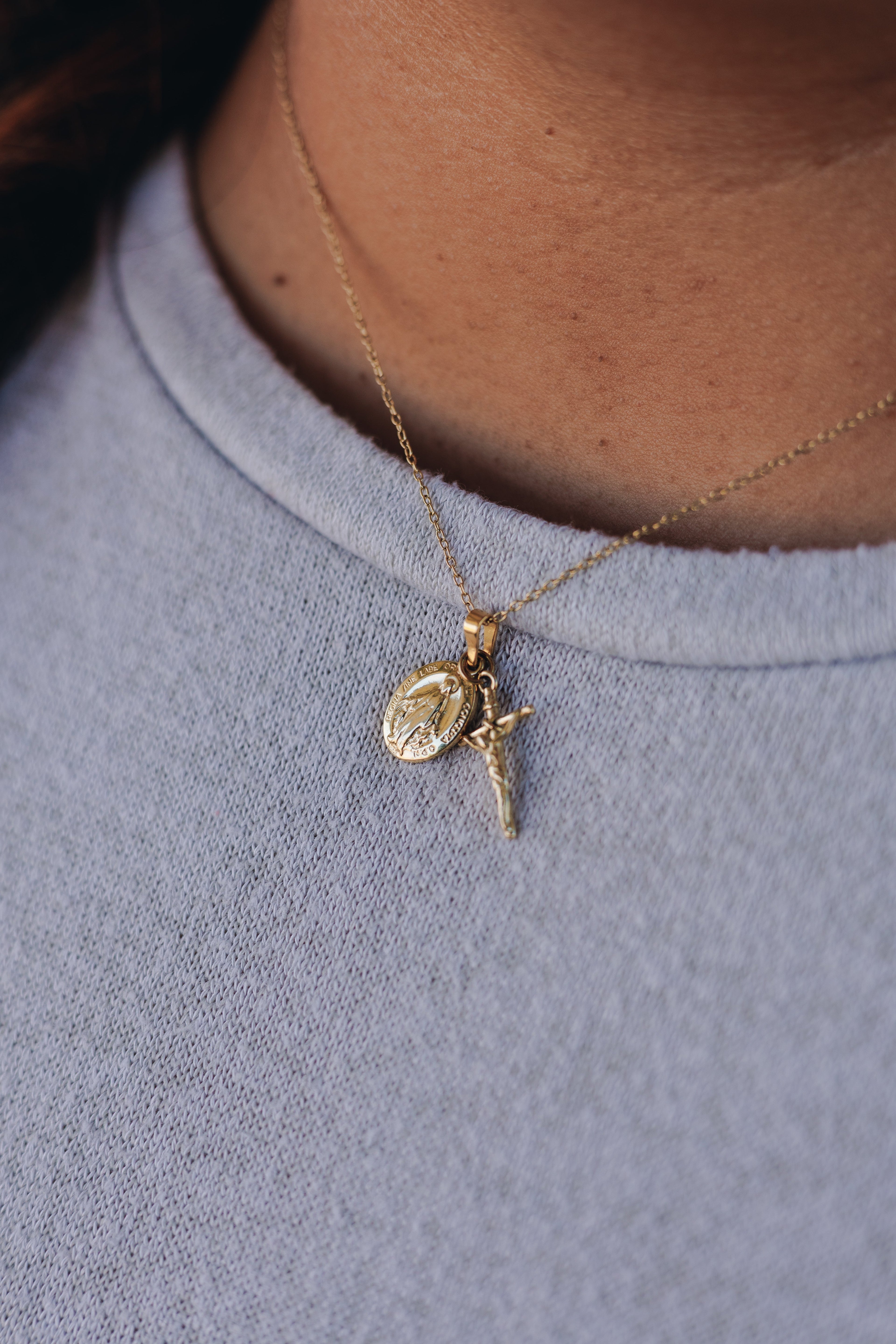 Gold Dainty Crucifix and Miraculous Medal Necklace