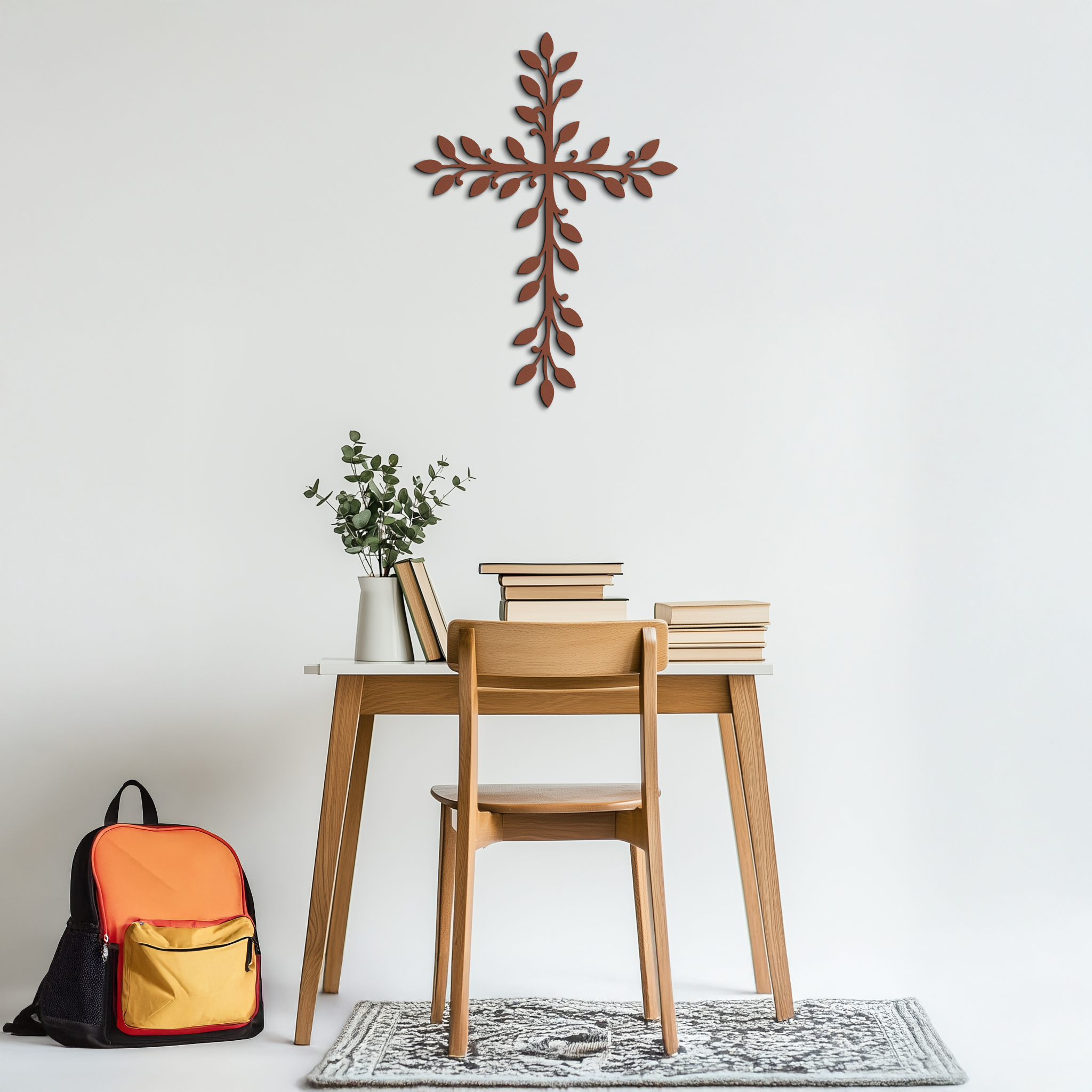 Leaf Cross Metal Wall Art - Elegant Botanical Christian Home Decor- KAF482