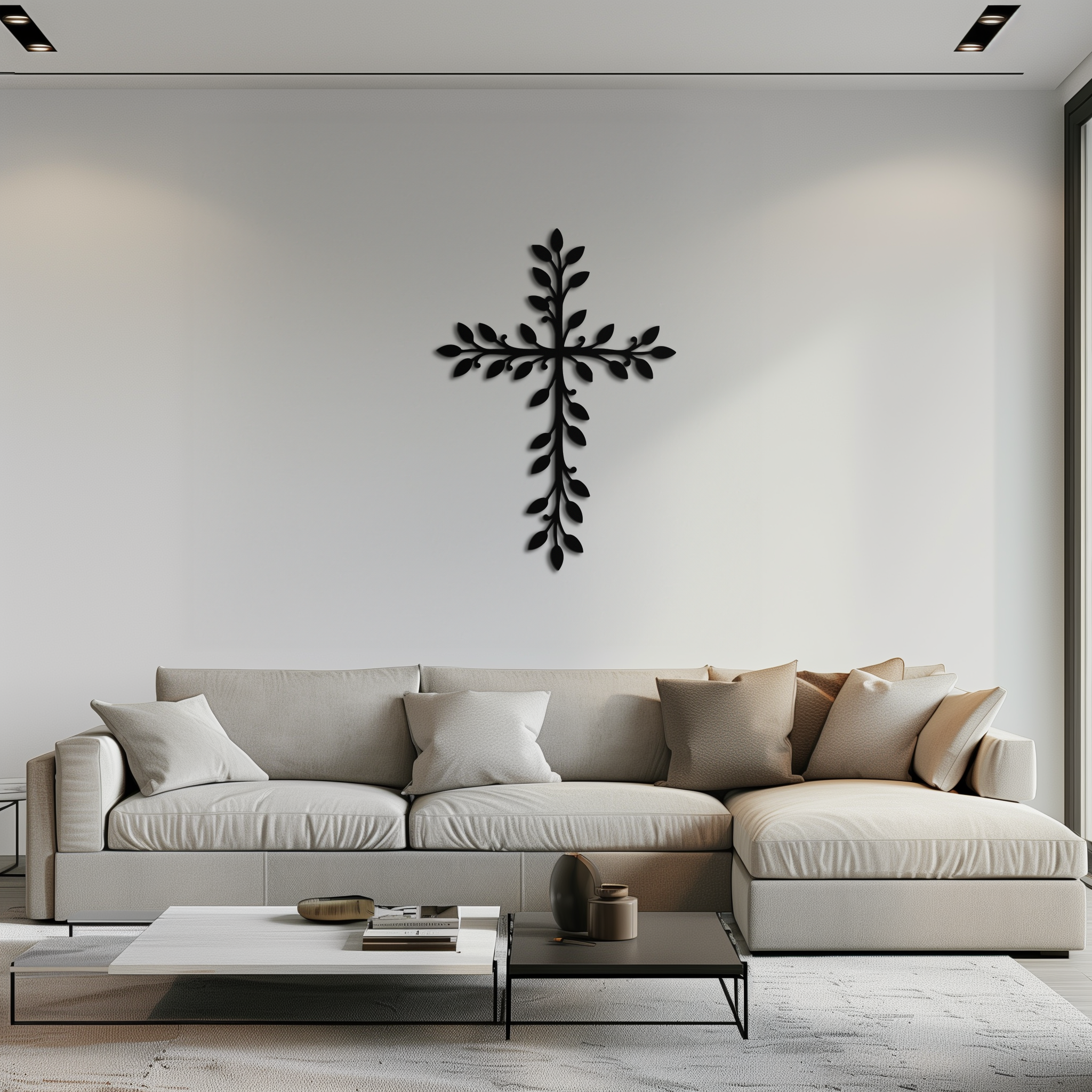 Leaf Cross Metal Wall Art - Elegant Botanical Christian Home Decor- KAF482