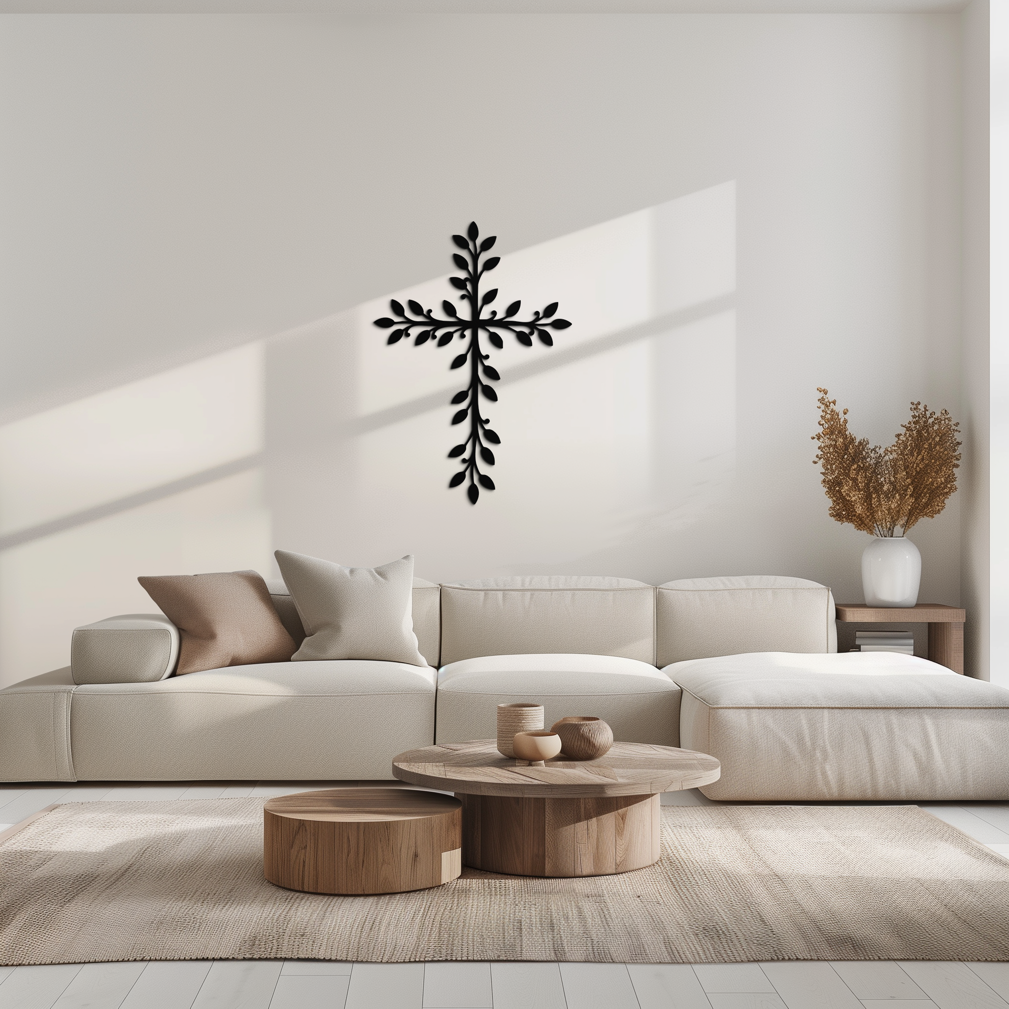 Leaf Cross Metal Wall Art - Elegant Botanical Christian Home Decor- KAF482