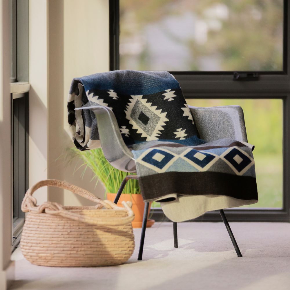 Yachana Collection - Handwoven Diamond Dark Blue Gray & Black Alpaca Throw Blanket From Ecuador